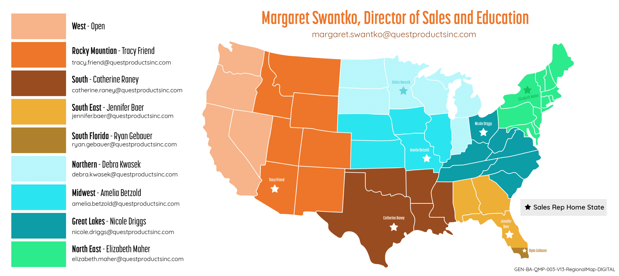 map of the united states illustrating the Quest sales team territories